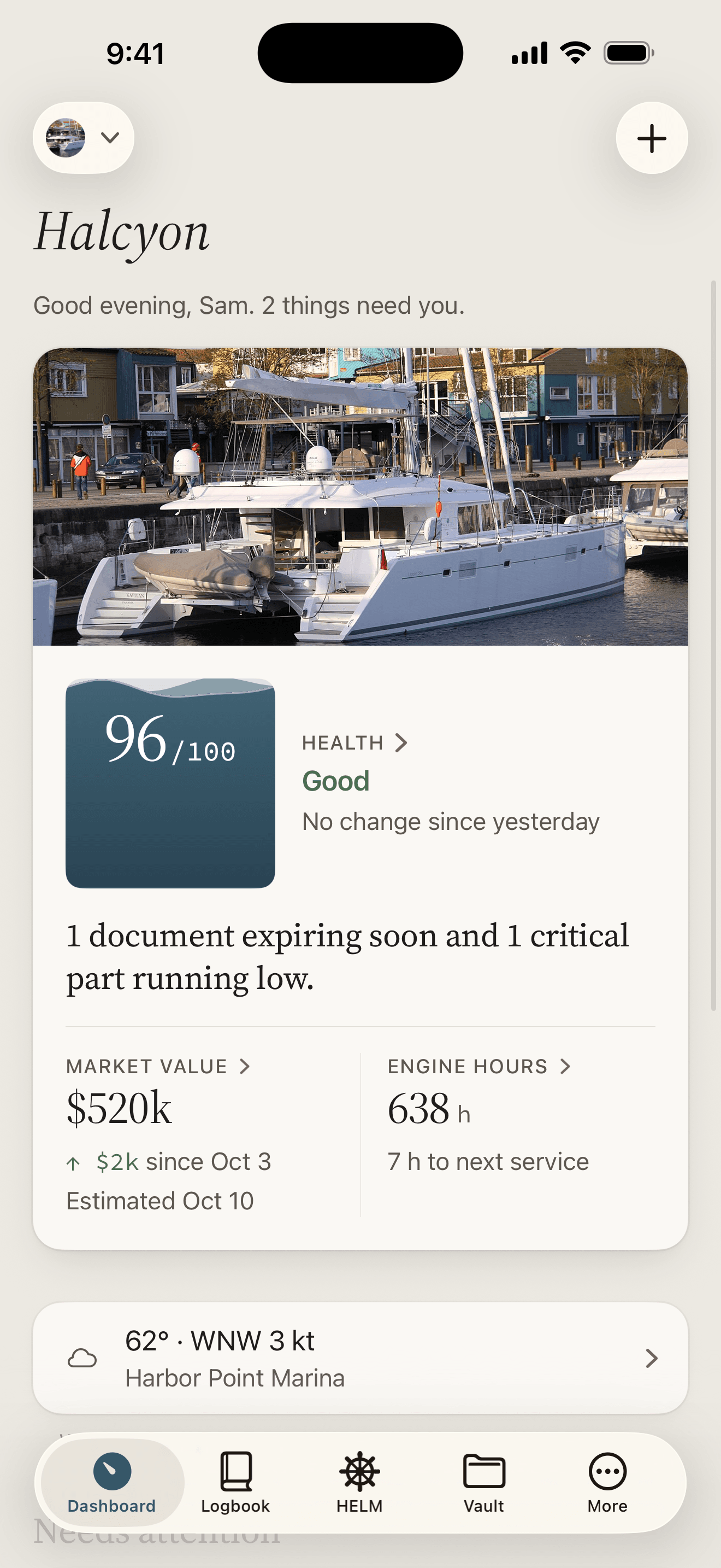 NAURO Marine Dashboard for a Lagoon 42 named Halcyon: a photo of the boat at its marina, a health score of 96 out of 100 marked Good, a note that one document is expiring soon and one critical part is running low, a market value of $520k and 638 engine hours with 7 hours to the next service.